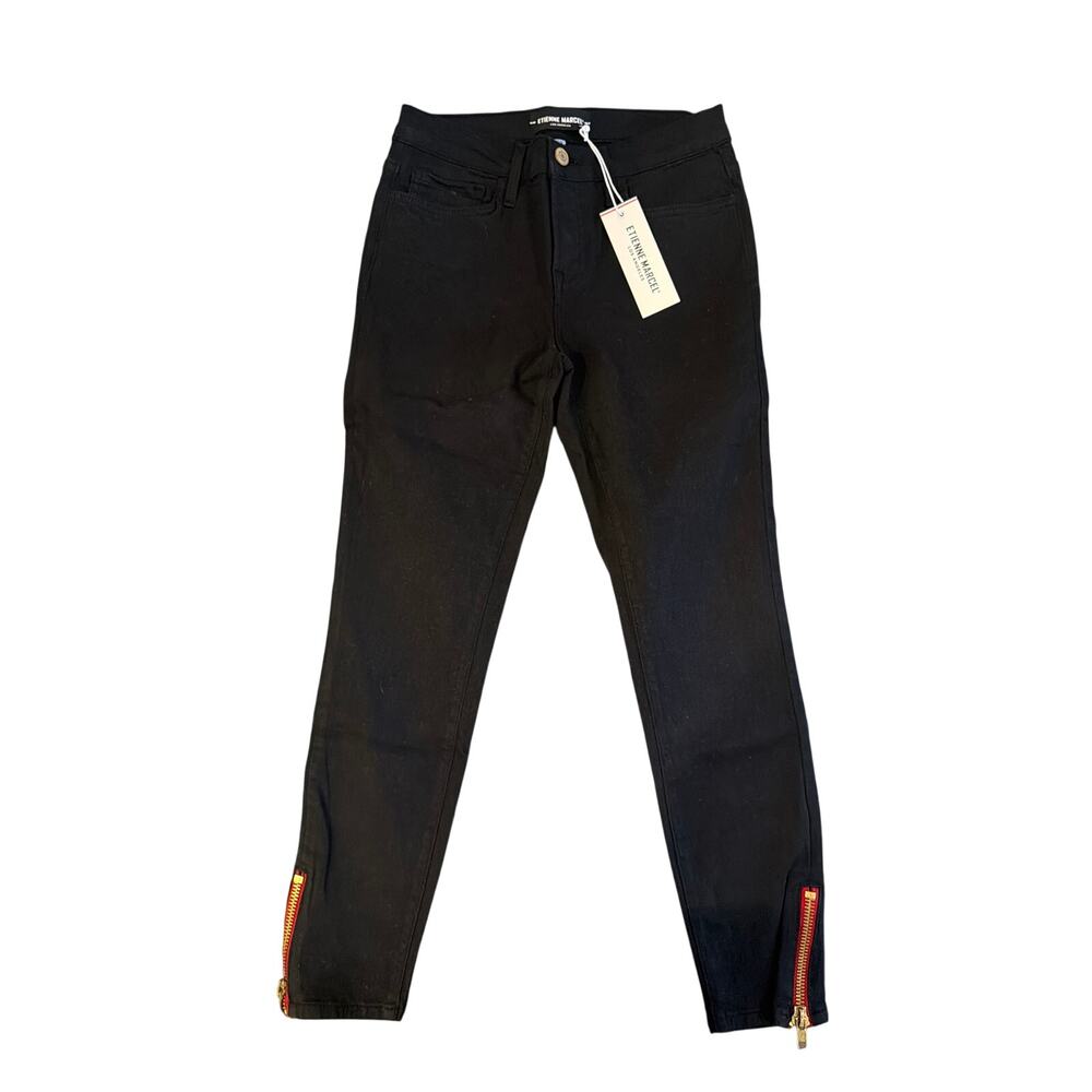NWT Etienne Marcel Los Angeles Black Skinny Jeans Red Ankle Zipper size 28